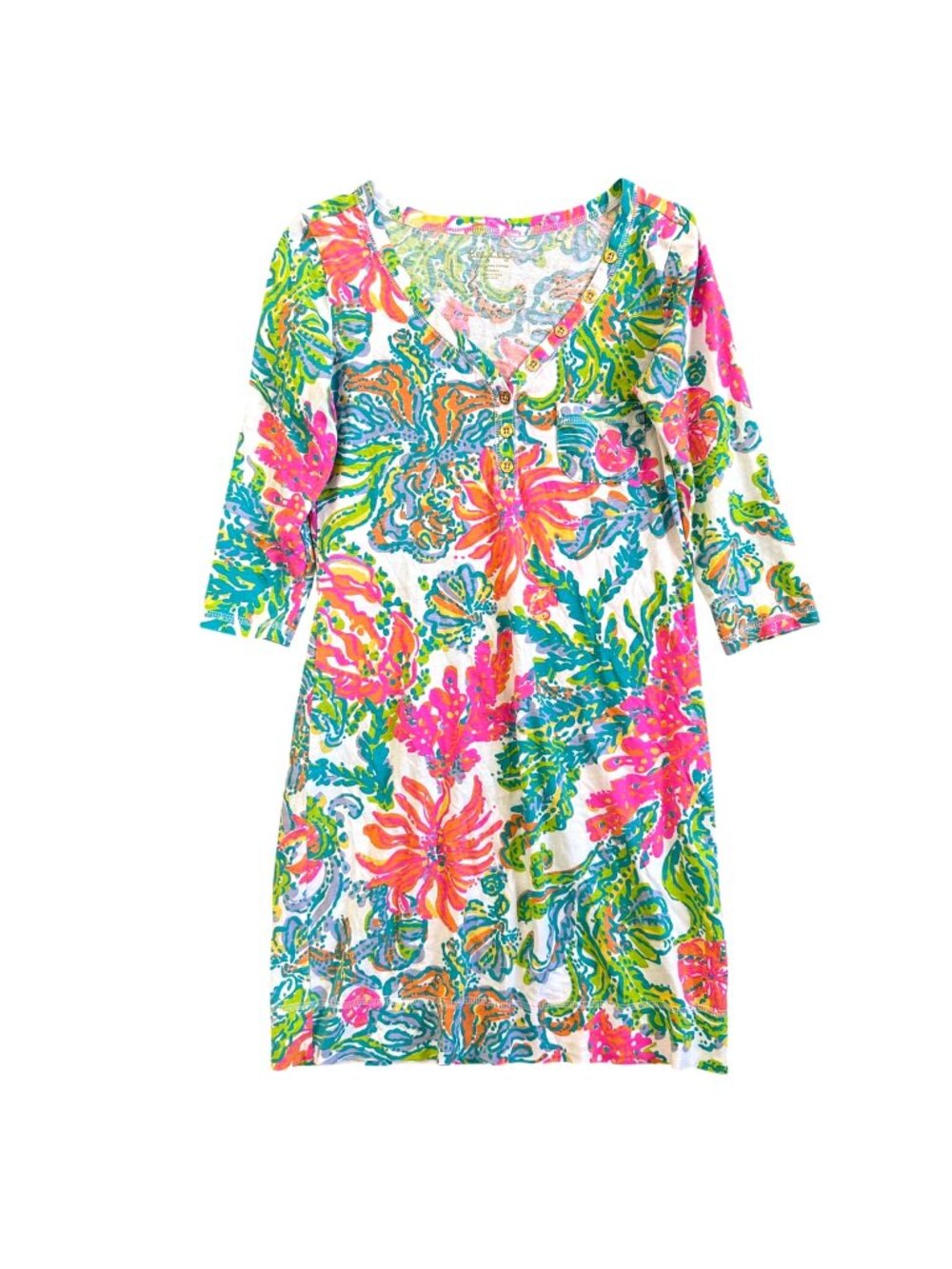 Lilly Pulitzer Women's Sz XS Palmetto  Floral Dress V-Neck 3/4 Sleeve Colorful